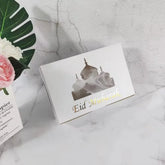 Witte cadeau doos voor 6 cupcakes Eid Mubarak met moskee silhoutte 24x16x7